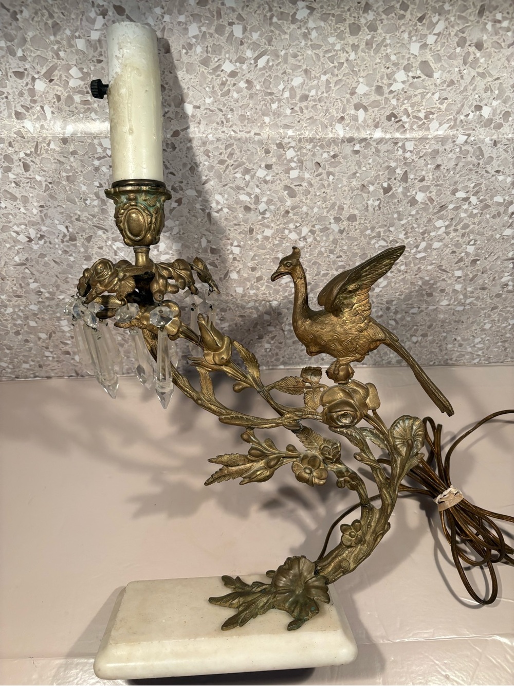 Vintage 30’s-50’s Brass or Bronze Hollywood Regency Bird, Crystal,& Marble lamp